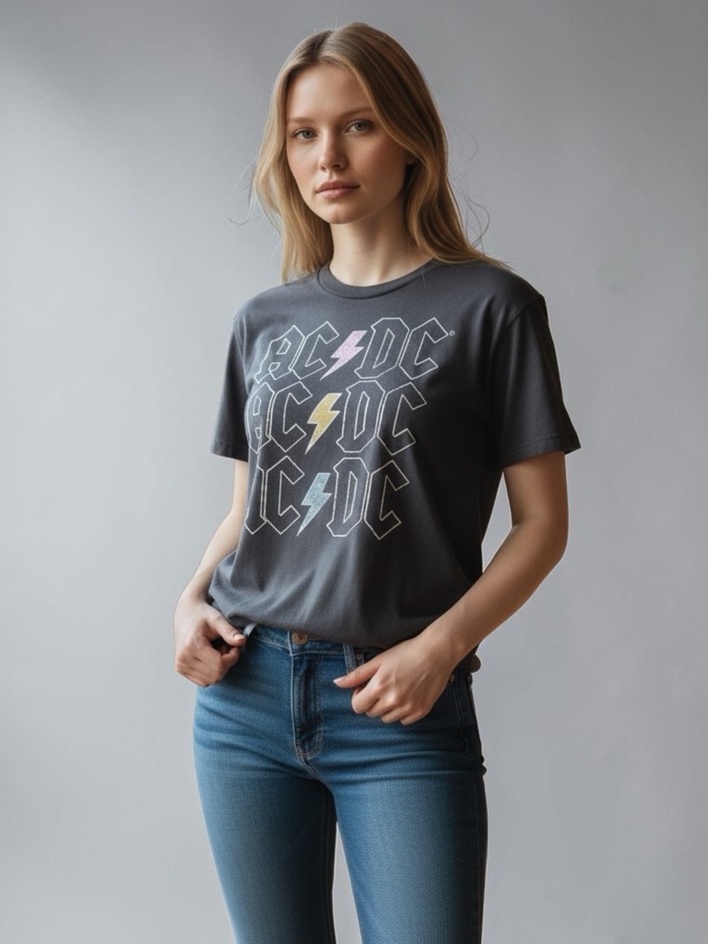 AC/DC Short-Sleeve Tee in Gray with Pink-Yellow-Blue Lightning